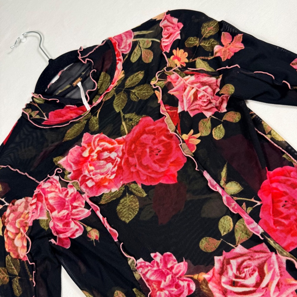 Free People Mesh Top S Black Red Floral Rose Sheer L/sleeve dark romancgoth